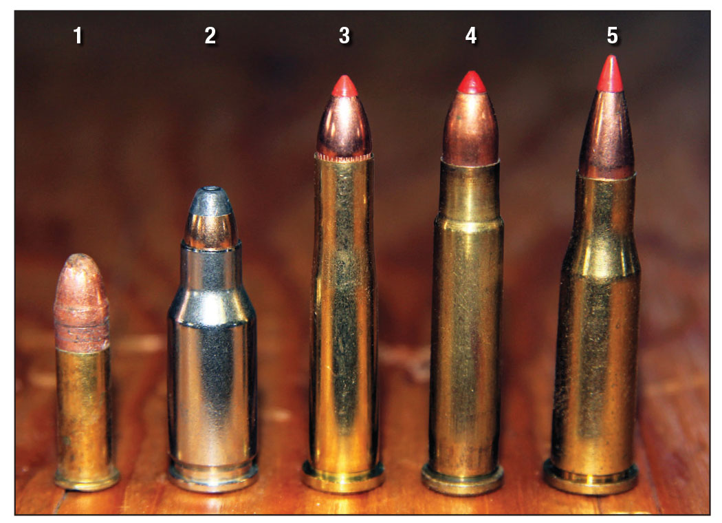 The .22 TCM is a squat, bottleneck cartridge. Shown for comparison: (1) .22, (2) .22 TCM, (3) .22 Hornet, (4) .22 K-Hornet and (5) .218 Bee.